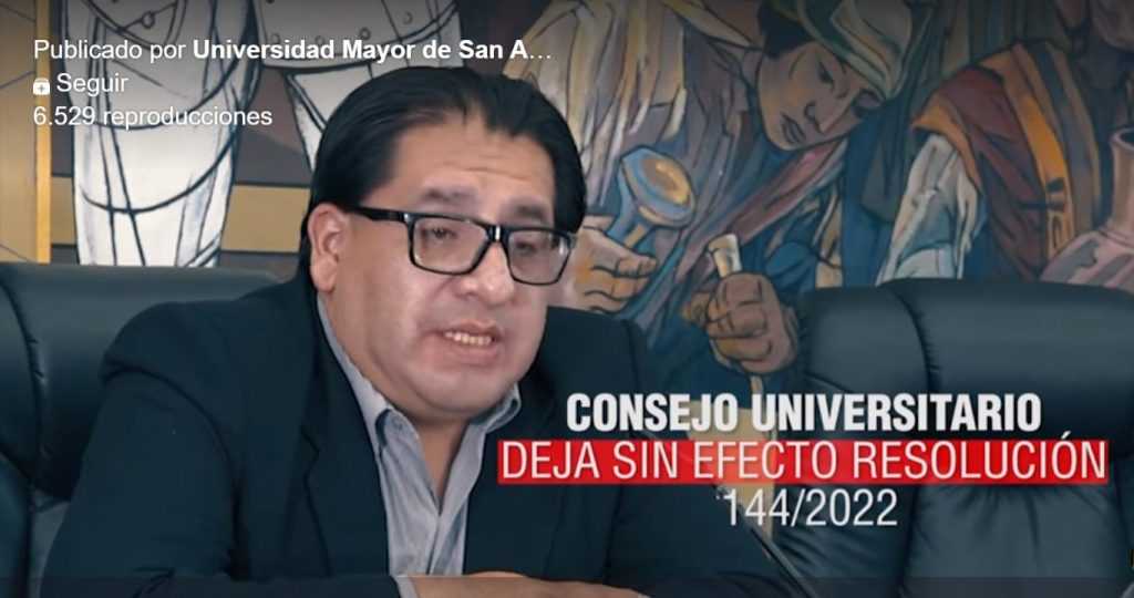 Secretario general de la Universidad Mayor de San Andrés (UMSA), Israel Centellas en conferencia de prensa señala que se deja sin efecto resolución sobre difamación y calumnias en redes sociales.